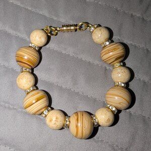$3 with Bundle ~ Chunky Agate Bead Bracelet Neutral Stone Rhinestone Accent 5874
